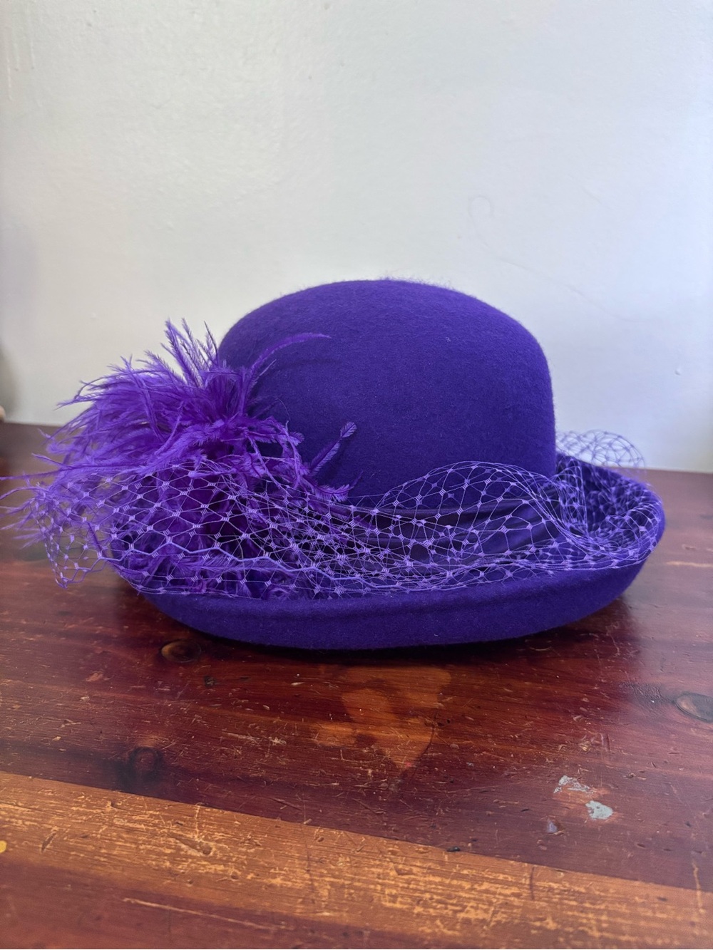 Vintage Purple Feather Trim Felt Cocktail Hat with Net Veil & Ostrich Feather